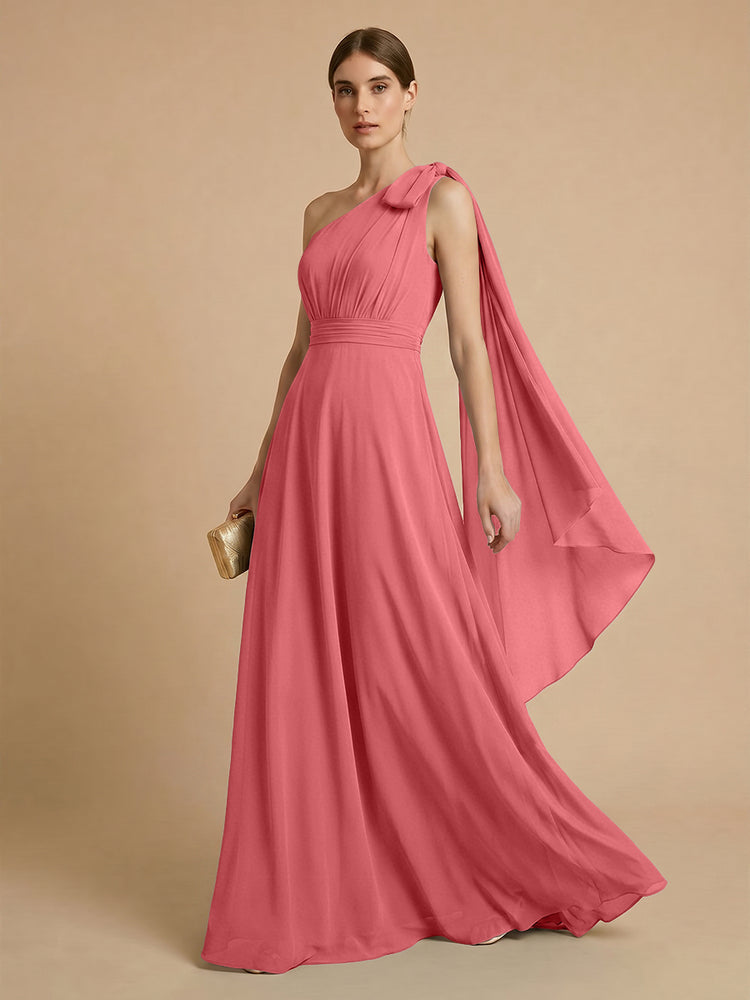Chiffon A-Line One Shoulder Long Bridesmaid Dresses with Scarf
