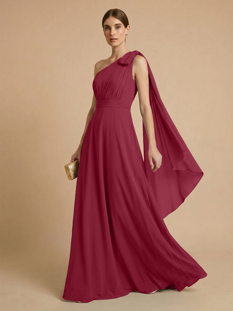 Chiffon A-Line One Shoulder Long Bridesmaid Dresses with Scarf