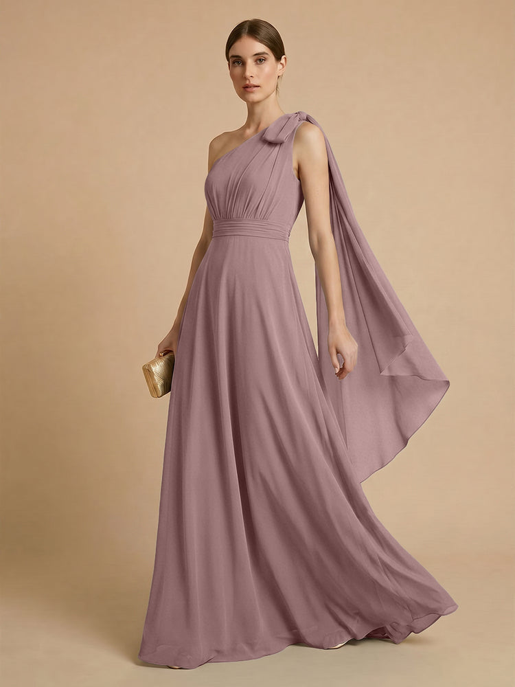 Chiffon A-Line One Shoulder Long Bridesmaid Dresses with Scarf