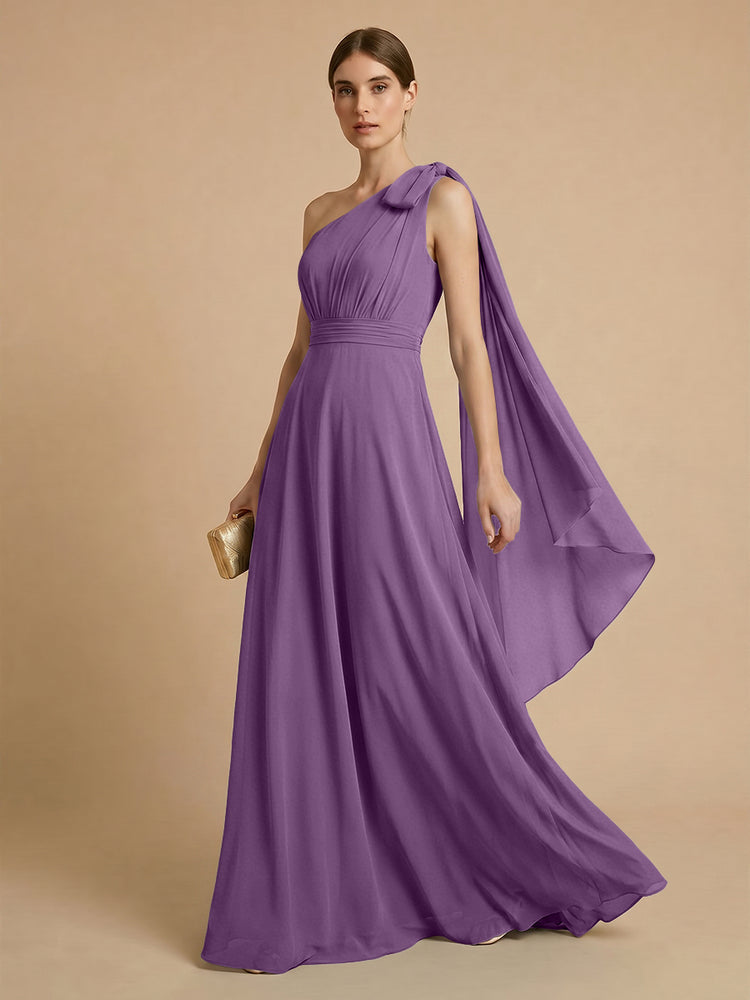 Chiffon A-Line One Shoulder Long Bridesmaid Dresses with Scarf