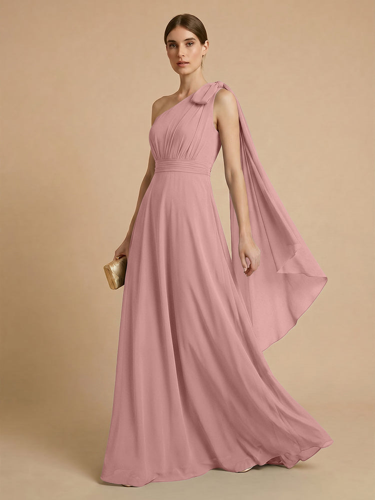 Chiffon A-Line One Shoulder Long Bridesmaid Dresses with Scarf