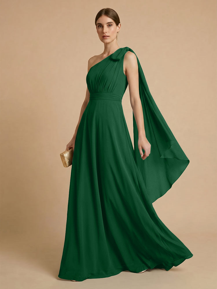Chiffon A-Line One Shoulder Long Bridesmaid Dresses with Scarf