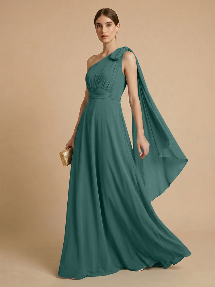 Chiffon A-Line One Shoulder Long Bridesmaid Dresses with Scarf