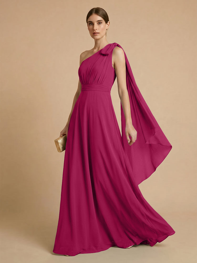 Chiffon A-Line One Shoulder Long Bridesmaid Dresses with Scarf