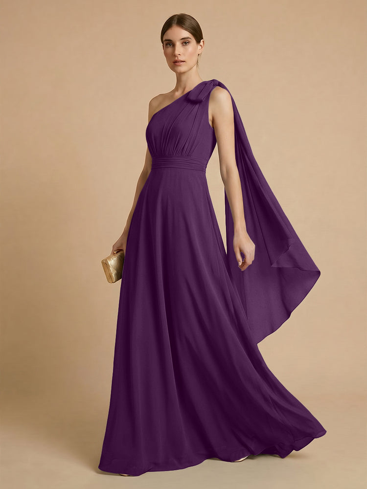 Chiffon A-Line One Shoulder Long Bridesmaid Dresses with Scarf