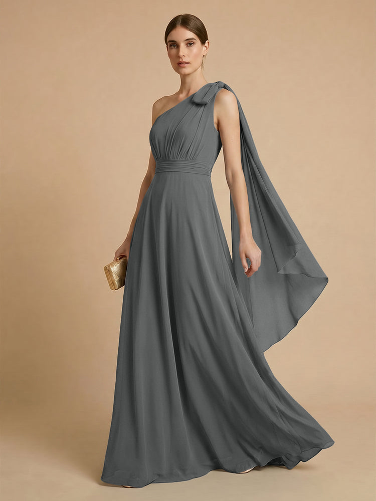Chiffon A-Line One Shoulder Long Bridesmaid Dresses with Scarf