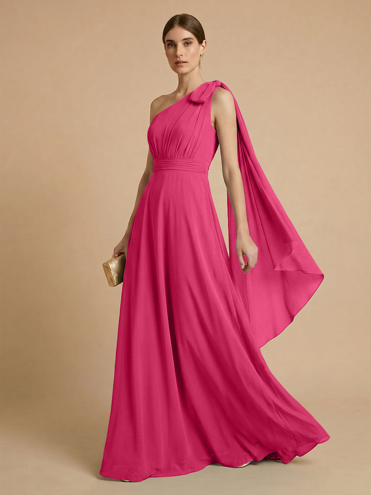 Chiffon A-Line One Shoulder Long Bridesmaid Dresses with Scarf