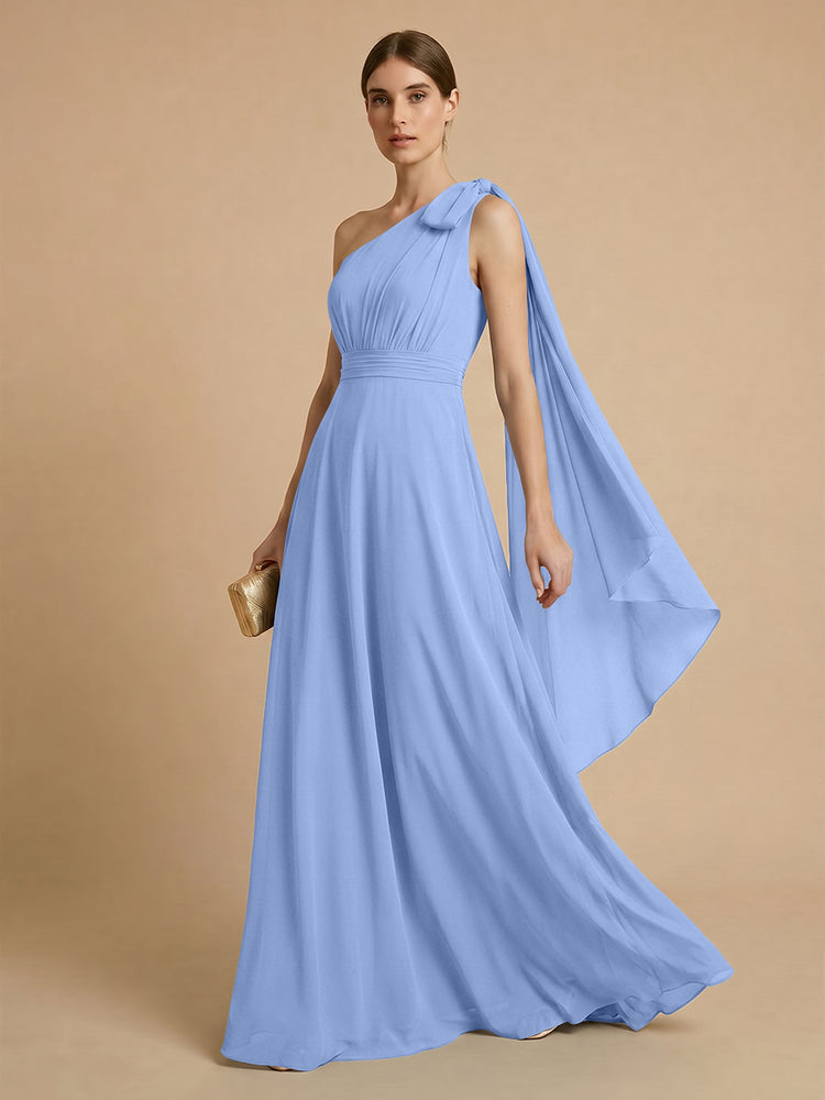 Chiffon A-Line One Shoulder Long Bridesmaid Dresses with Scarf