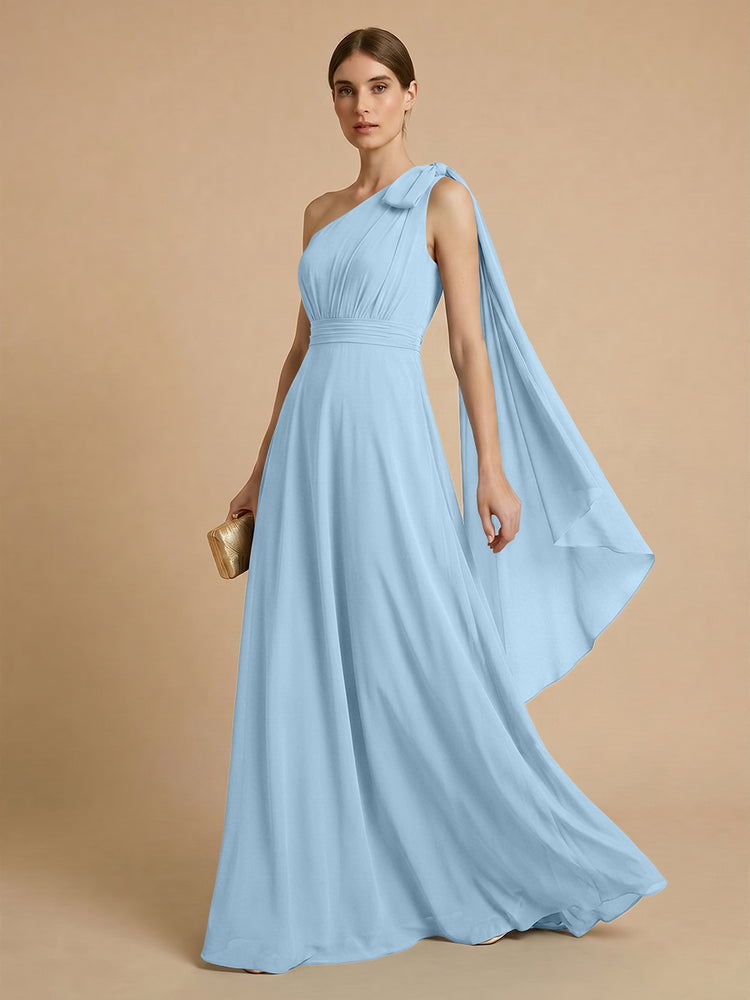 Chiffon A-Line One Shoulder Long Bridesmaid Dresses with Scarf