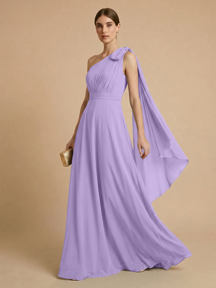 Chiffon A-Line One Shoulder Long Bridesmaid Dresses with Scarf