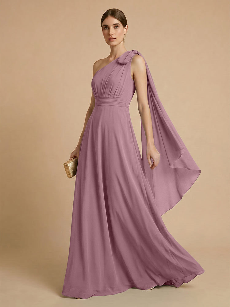 Chiffon A-Line One Shoulder Long Bridesmaid Dresses with Scarf
