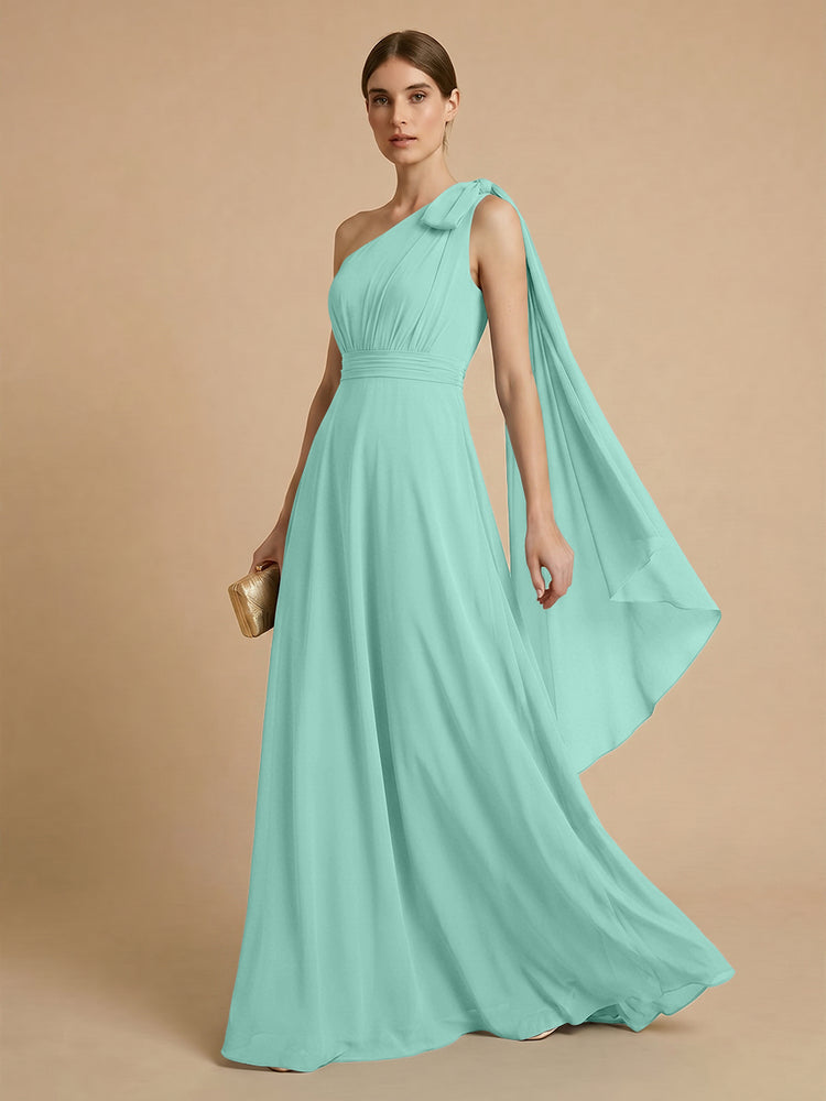 Chiffon A-Line One Shoulder Long Bridesmaid Dresses with Scarf