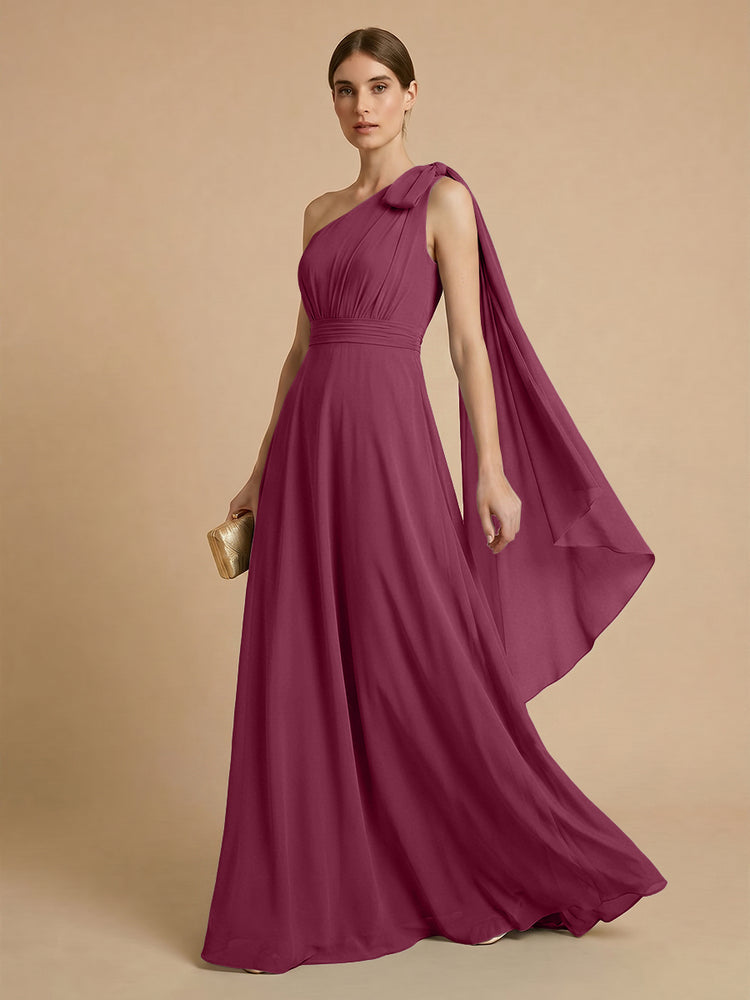 Chiffon A-Line One Shoulder Long Bridesmaid Dresses with Scarf