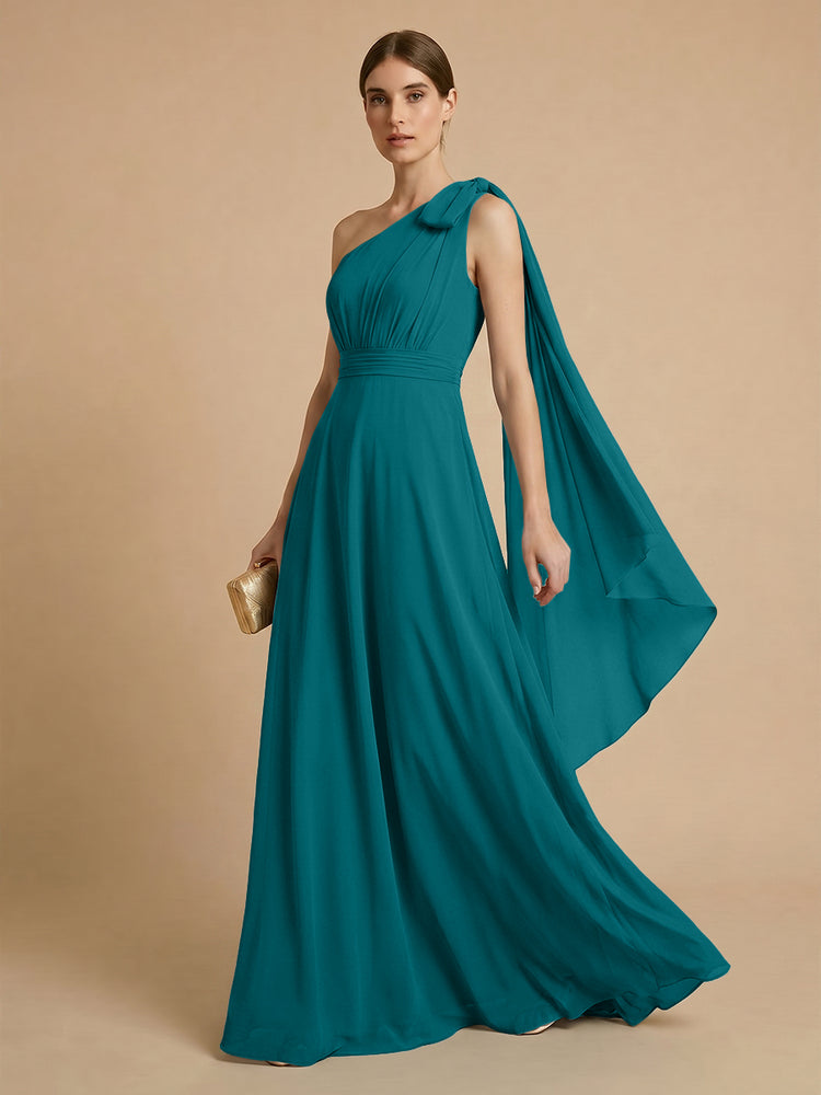 Chiffon A-Line One Shoulder Long Bridesmaid Dresses with Scarf