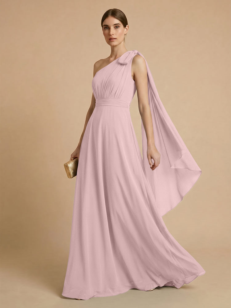 Chiffon A-Line One Shoulder Long Bridesmaid Dresses with Scarf