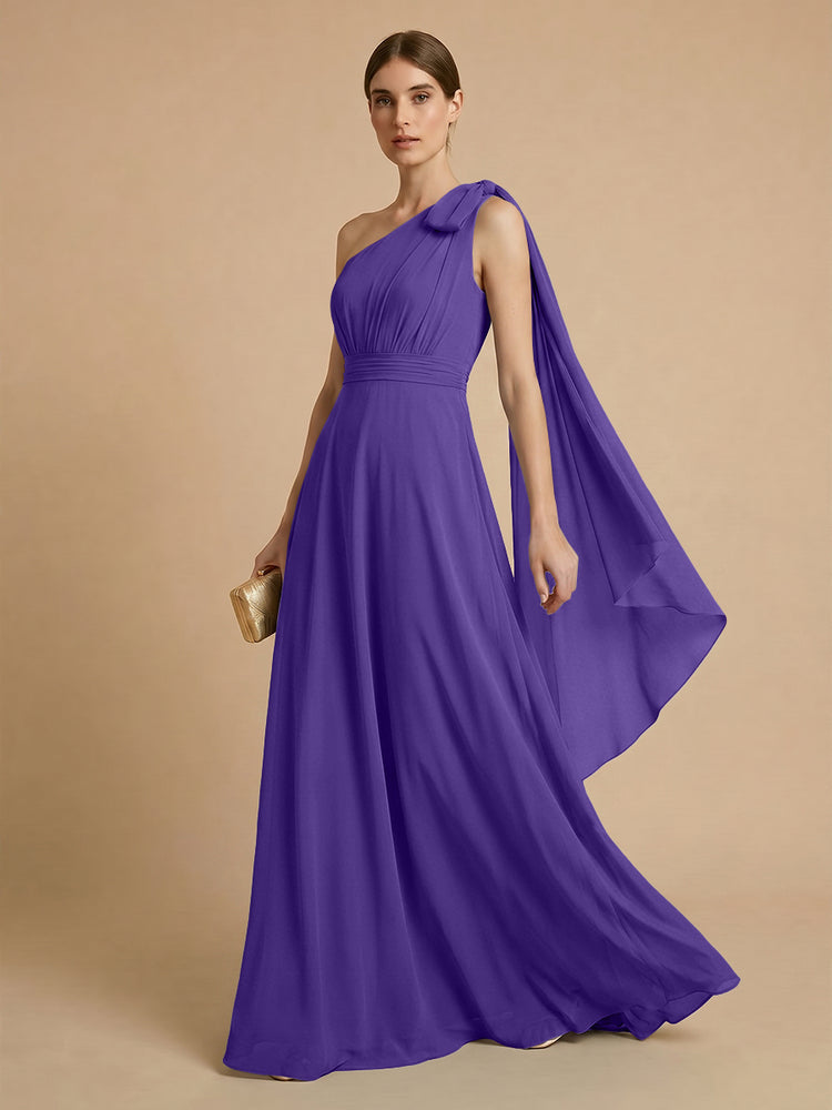 Chiffon A-Line One Shoulder Long Bridesmaid Dresses with Scarf