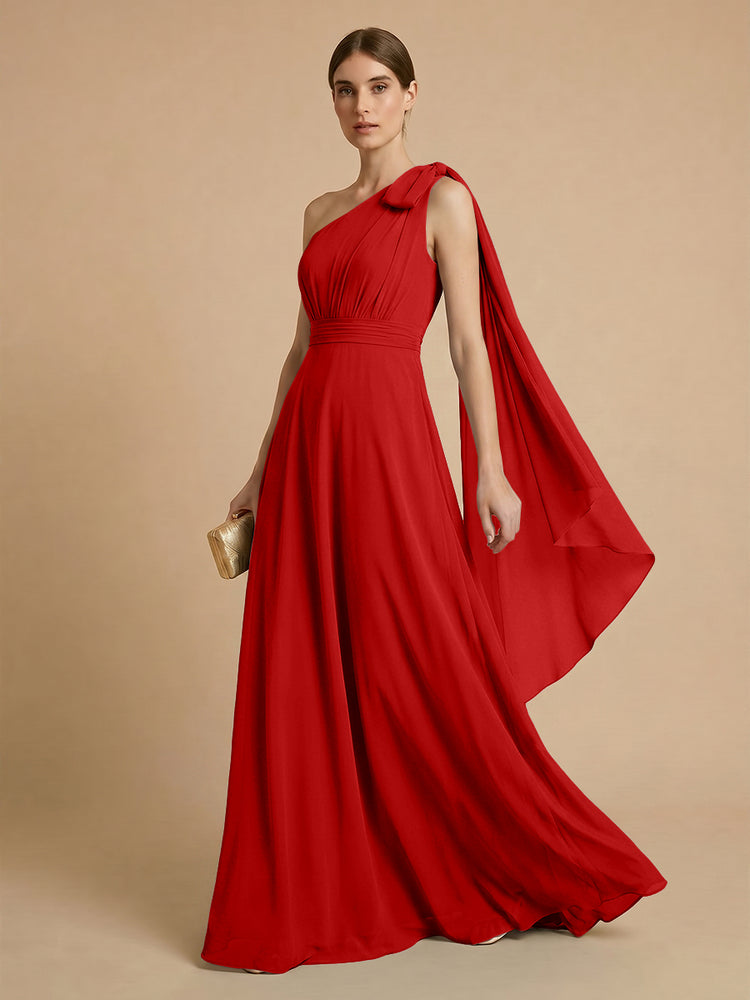 Chiffon A-Line One Shoulder Long Bridesmaid Dresses with Scarf