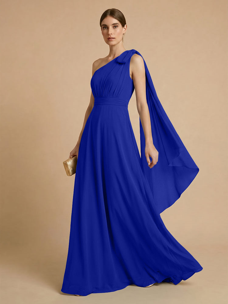 Chiffon A-Line One Shoulder Long Bridesmaid Dresses with Scarf