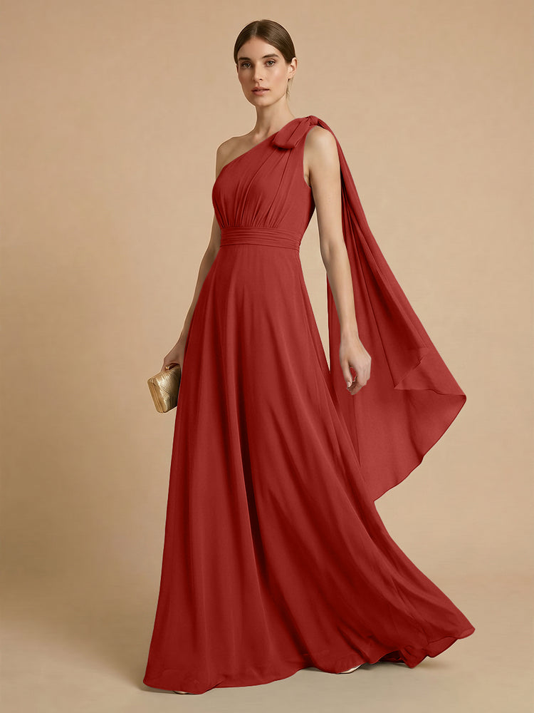 Chiffon A-Line One Shoulder Long Bridesmaid Dresses with Scarf