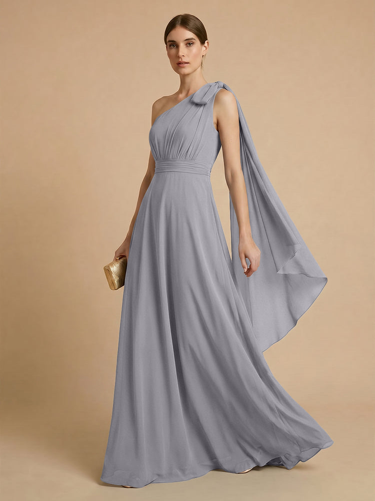 Chiffon A-Line One Shoulder Long Bridesmaid Dresses with Scarf