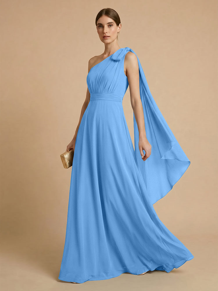 Chiffon A-Line One Shoulder Long Bridesmaid Dresses with Scarf