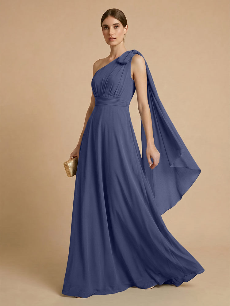 Chiffon A-Line One Shoulder Long Bridesmaid Dresses with Scarf