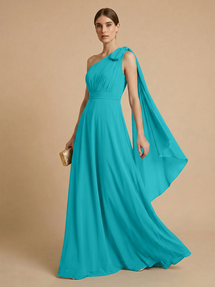 Chiffon A-Line One Shoulder Long Bridesmaid Dresses with Scarf