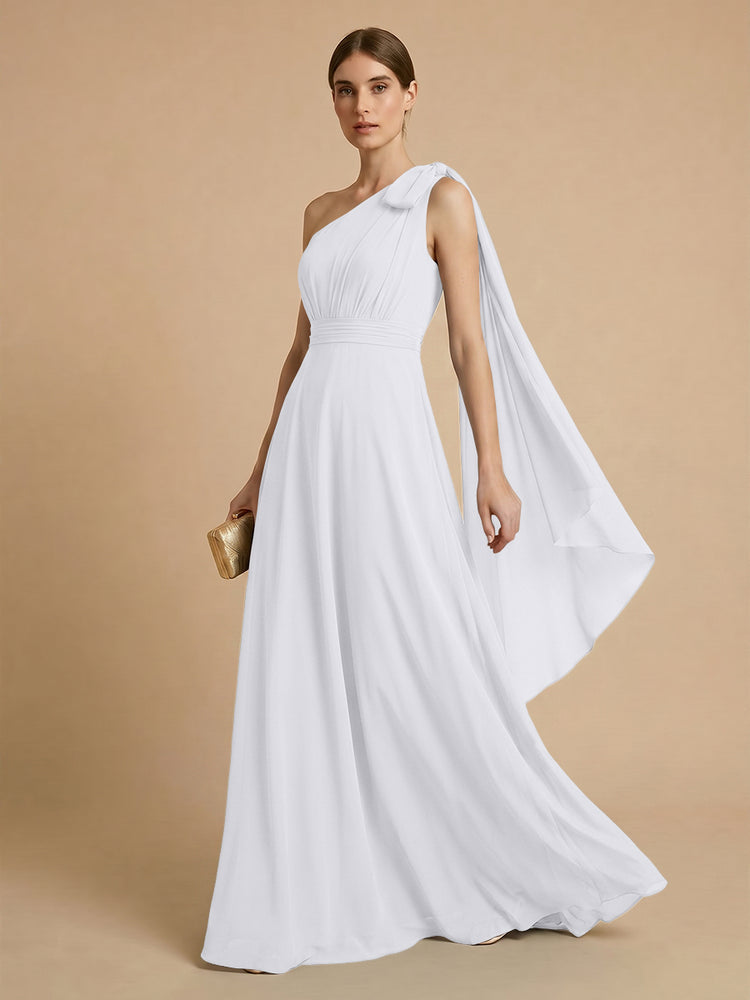 Chiffon A-Line One Shoulder Long Bridesmaid Dresses with Scarf