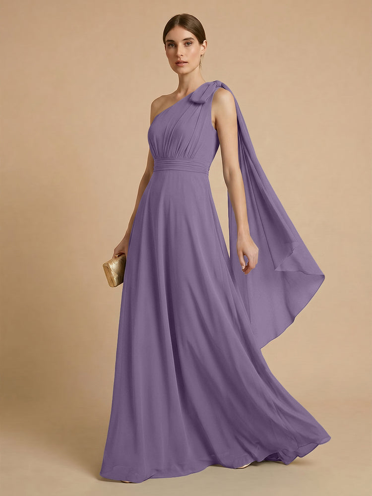 Chiffon A-Line One Shoulder Long Bridesmaid Dresses with Scarf