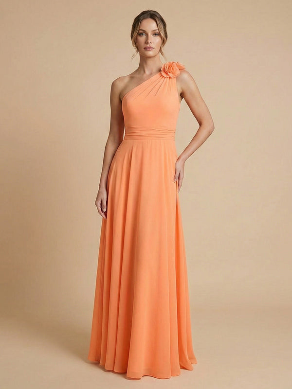Chiffon A-Line One Shoulder Long Bridesmaid Dresses with 3D Flowers