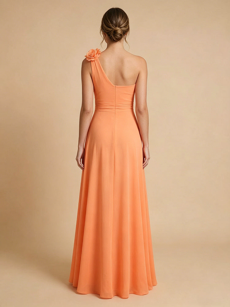 Chiffon A-Line One Shoulder Long Bridesmaid Dresses with 3D Flowers