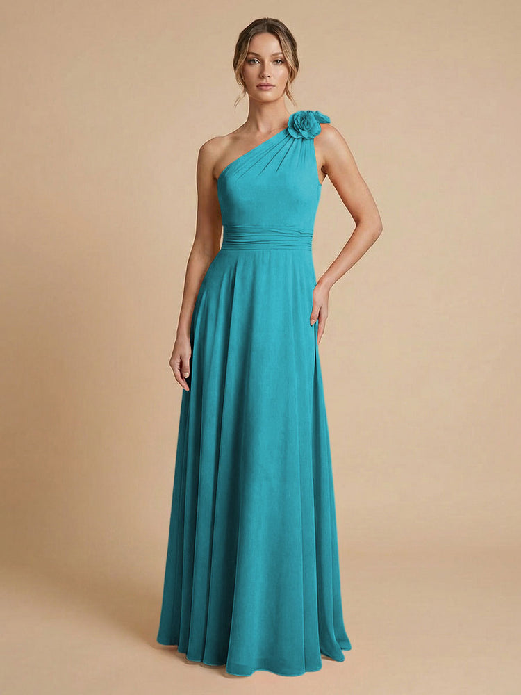 Chiffon A-Line One Shoulder Long Bridesmaid Dresses with 3D Flowers
