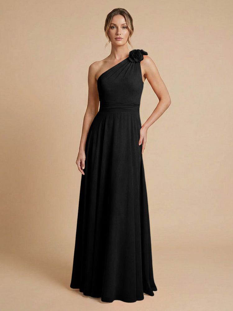 Chiffon A-Line One Shoulder Long Bridesmaid Dresses with 3D Flowers