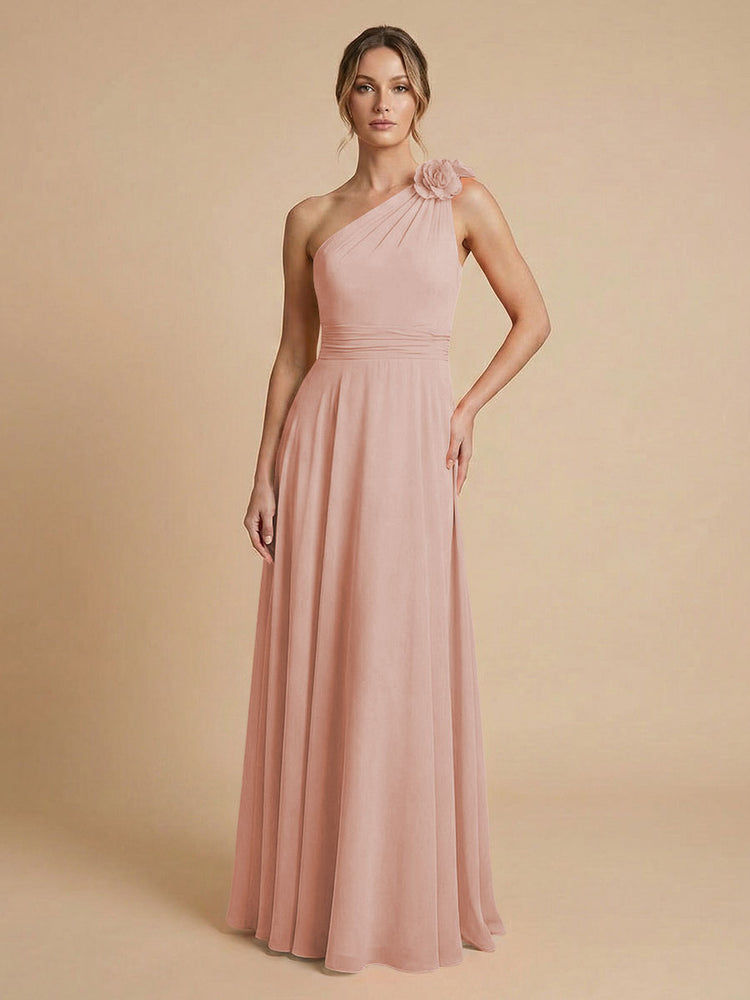 Chiffon A-Line One Shoulder Long Bridesmaid Dresses with 3D Flowers
