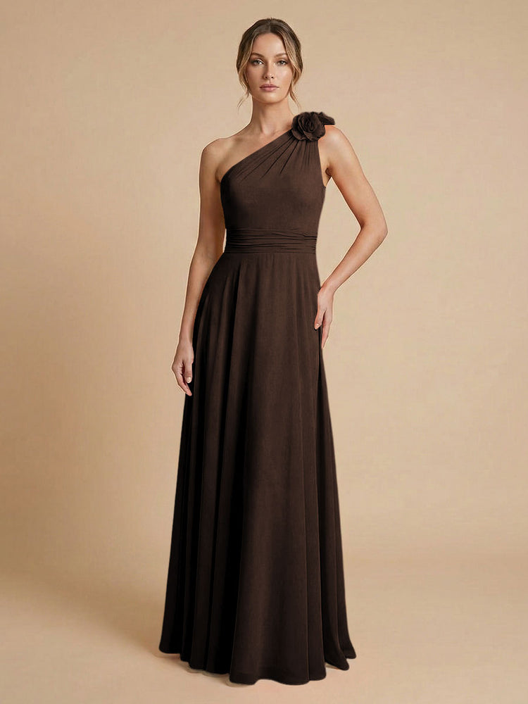 Chiffon A-Line One Shoulder Long Bridesmaid Dresses with 3D Flowers