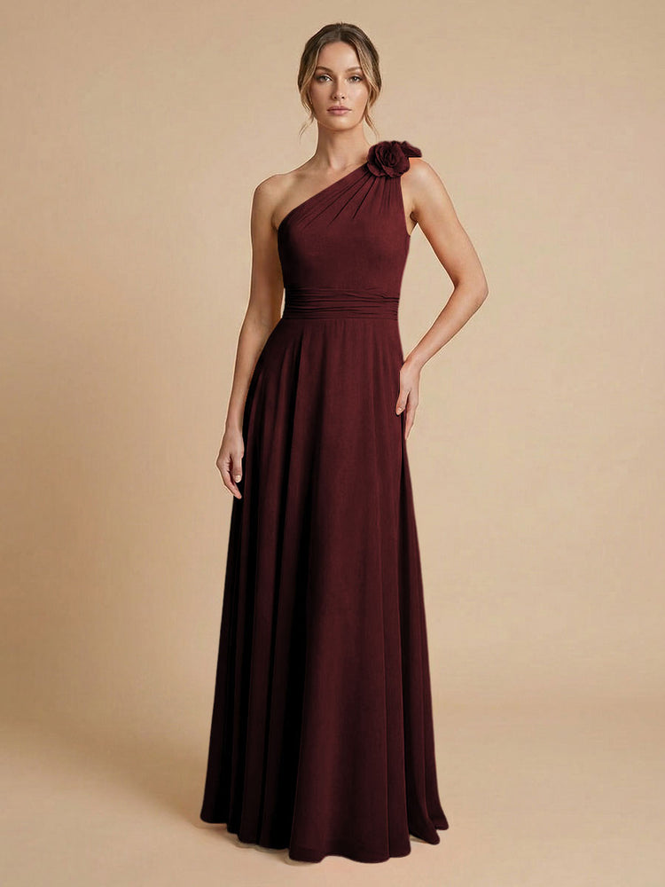 Chiffon A-Line One Shoulder Long Bridesmaid Dresses with 3D Flowers