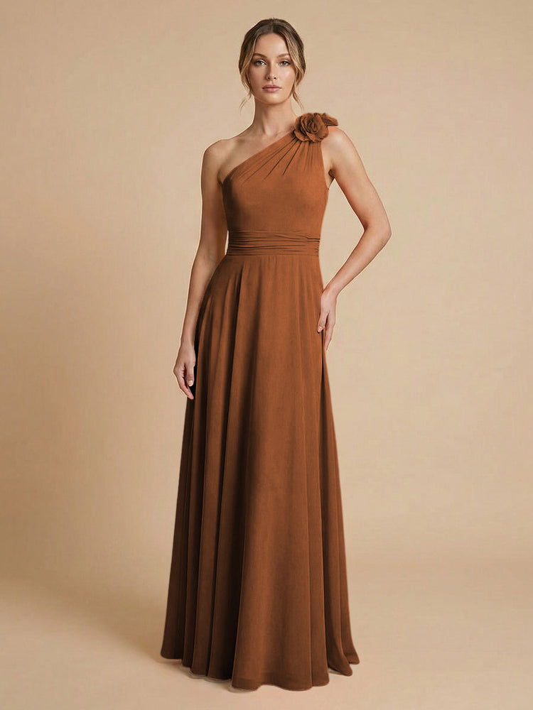 Chiffon A-Line One Shoulder Long Bridesmaid Dresses with 3D Flowers