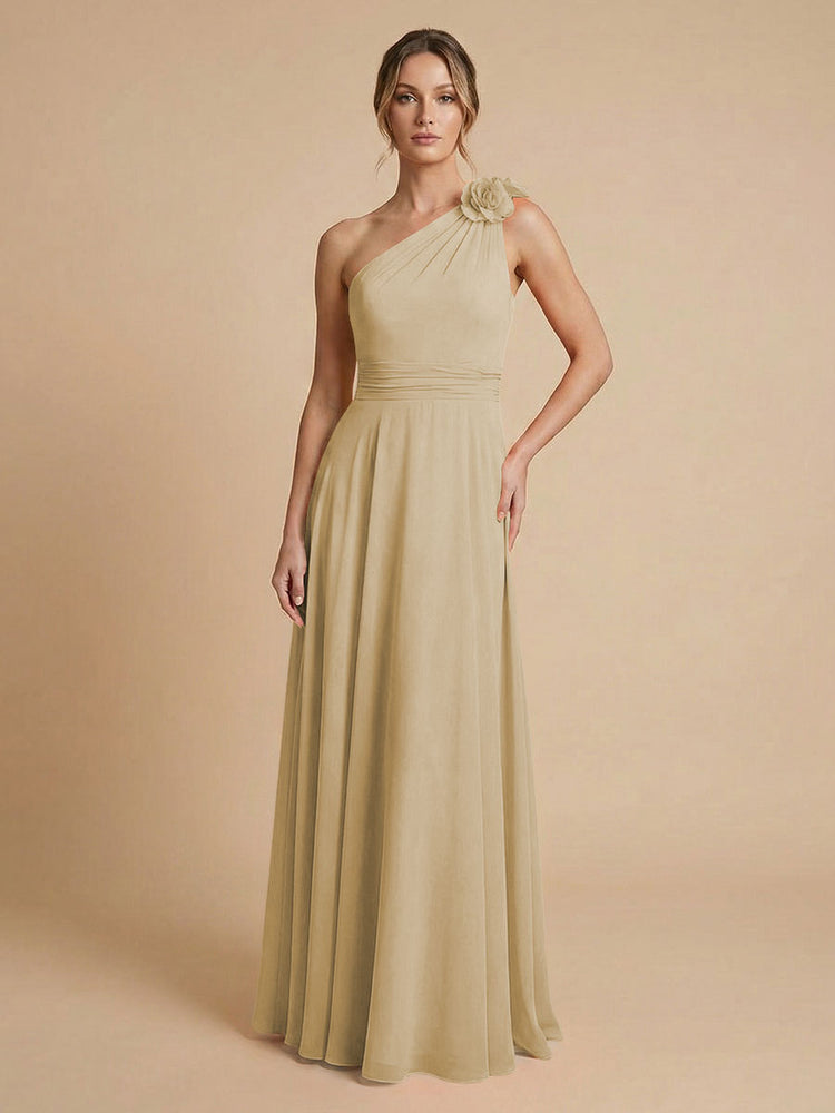 Chiffon A-Line One Shoulder Long Bridesmaid Dresses with 3D Flowers