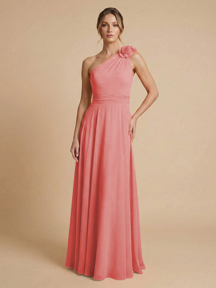 Chiffon A-Line One Shoulder Long Bridesmaid Dresses with 3D Flowers