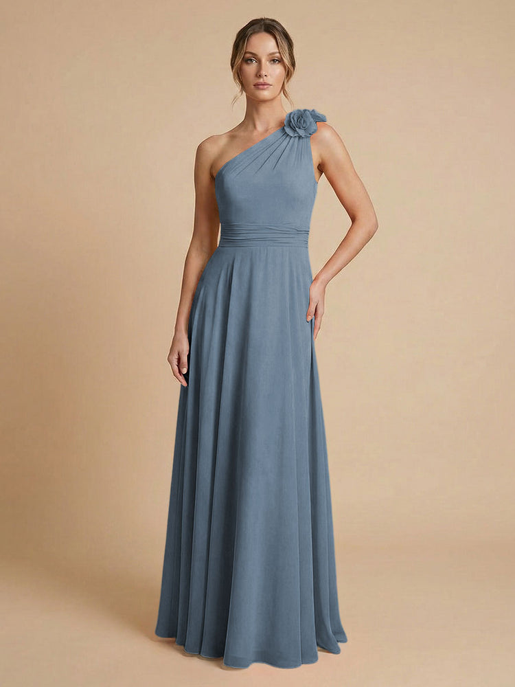 Chiffon A-Line One Shoulder Long Bridesmaid Dresses with 3D Flowers