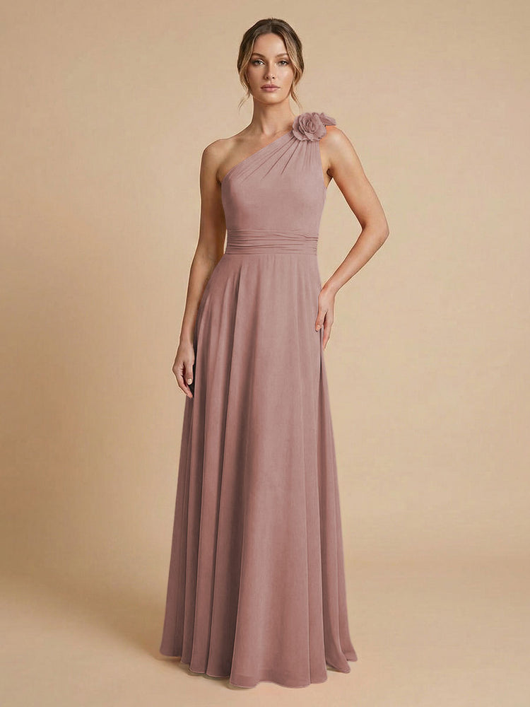 Chiffon A-Line One Shoulder Long Bridesmaid Dresses with 3D Flowers