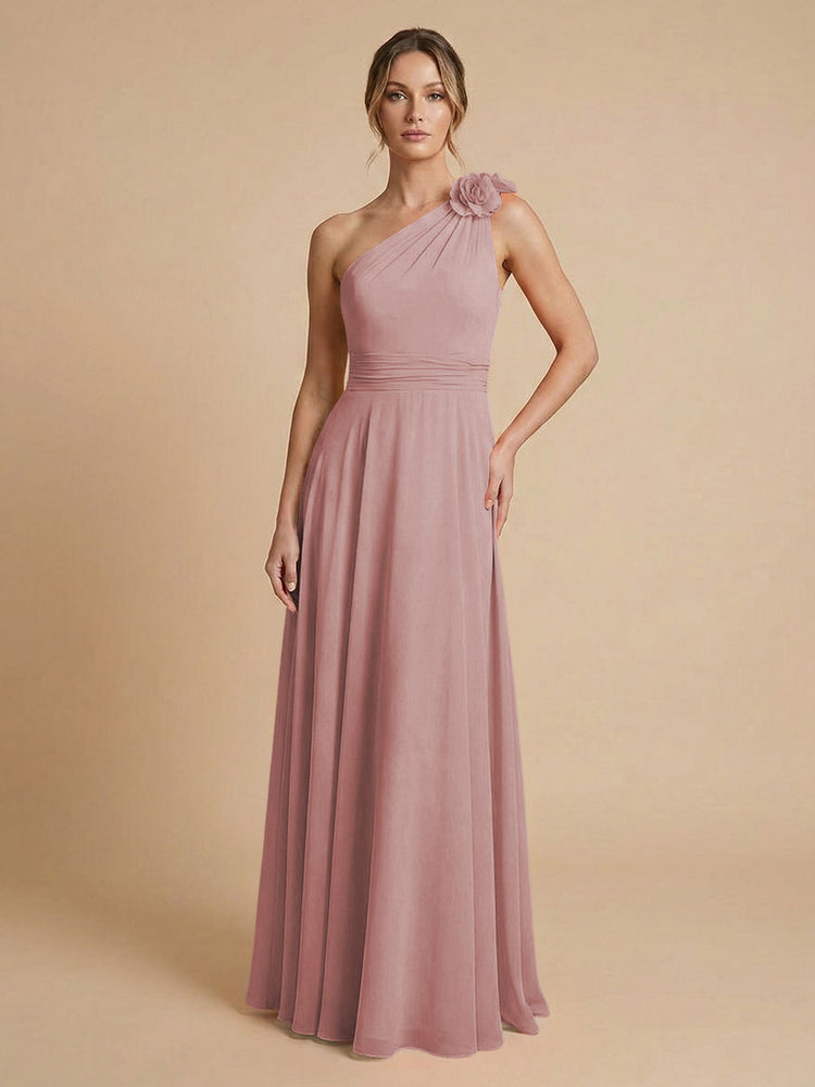 Chiffon A-Line One Shoulder Long Bridesmaid Dresses with 3D Flowers