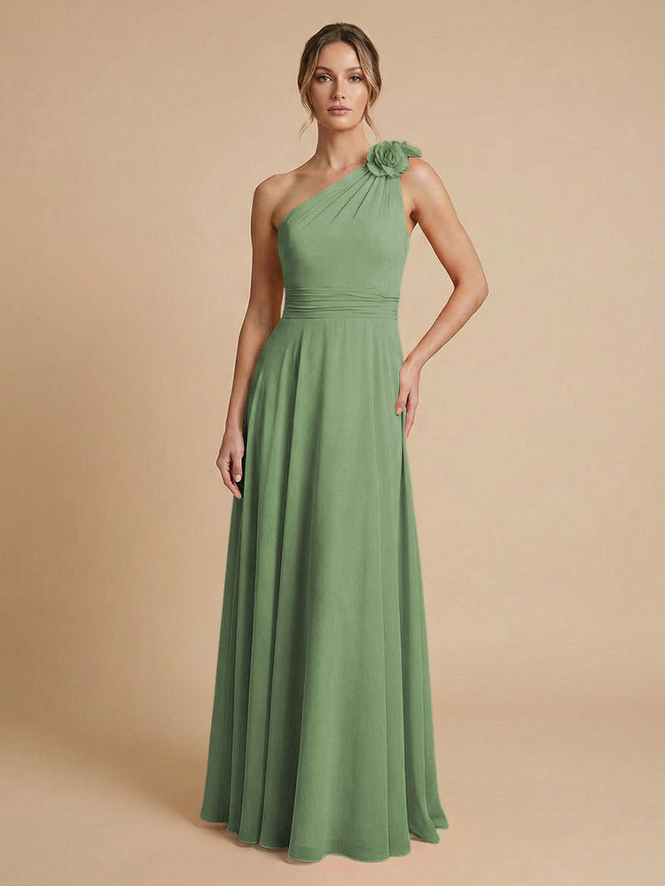 Chiffon A-Line One Shoulder Long Bridesmaid Dresses with 3D Flowers