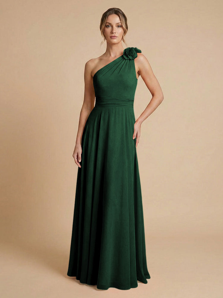 Chiffon A-Line One Shoulder Long Bridesmaid Dresses with 3D Flowers