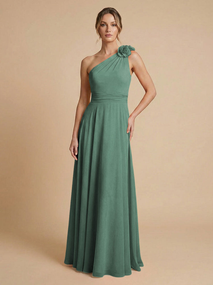 Chiffon A-Line One Shoulder Long Bridesmaid Dresses with 3D Flowers