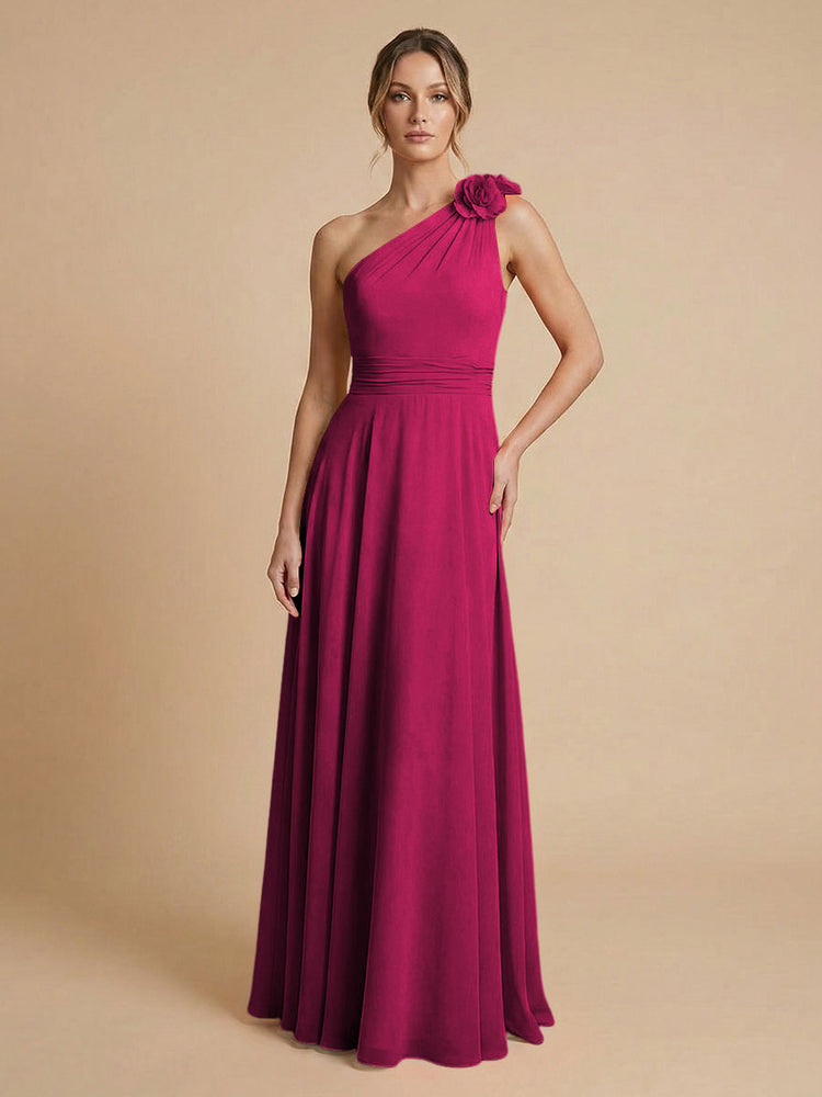 Chiffon A-Line One Shoulder Long Bridesmaid Dresses with 3D Flowers