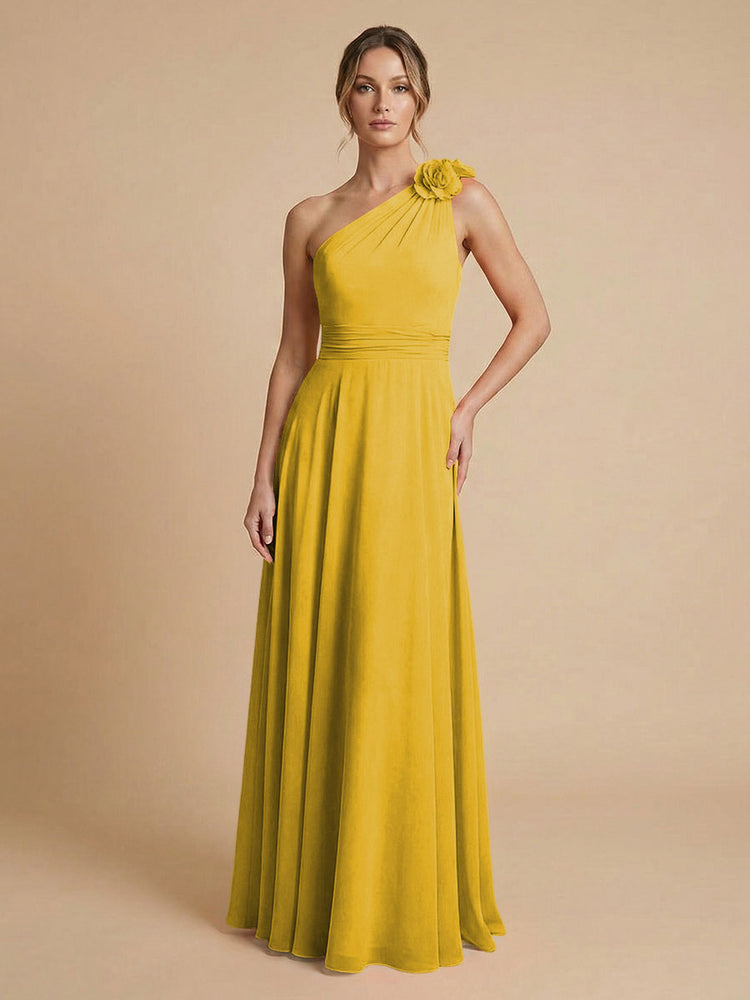 Chiffon A-Line One Shoulder Long Bridesmaid Dresses with 3D Flowers