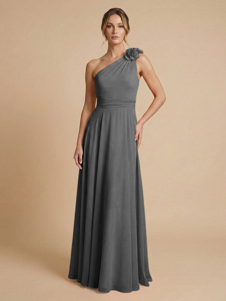 Chiffon A-Line One Shoulder Long Bridesmaid Dresses with 3D Flowers