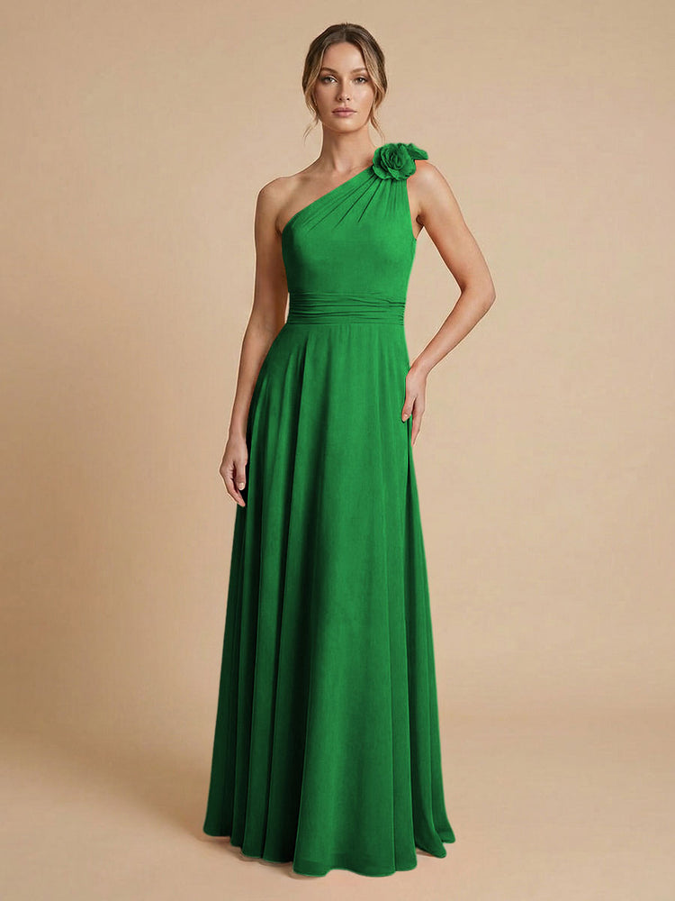 Chiffon A-Line One Shoulder Long Bridesmaid Dresses with 3D Flowers