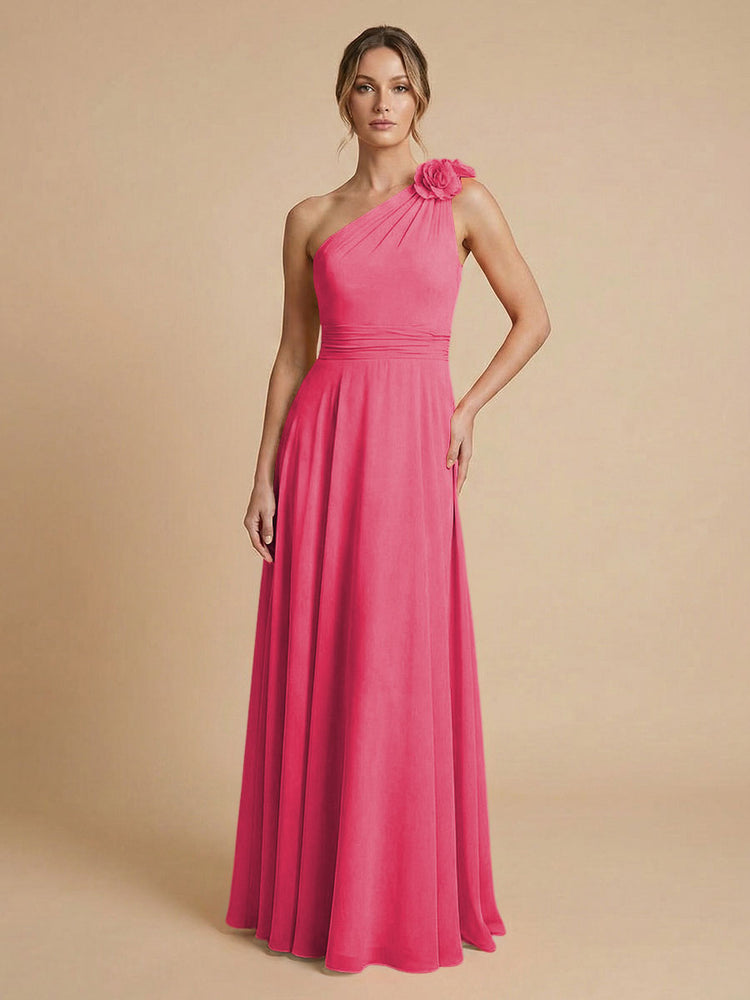 Chiffon A-Line One Shoulder Long Bridesmaid Dresses with 3D Flowers